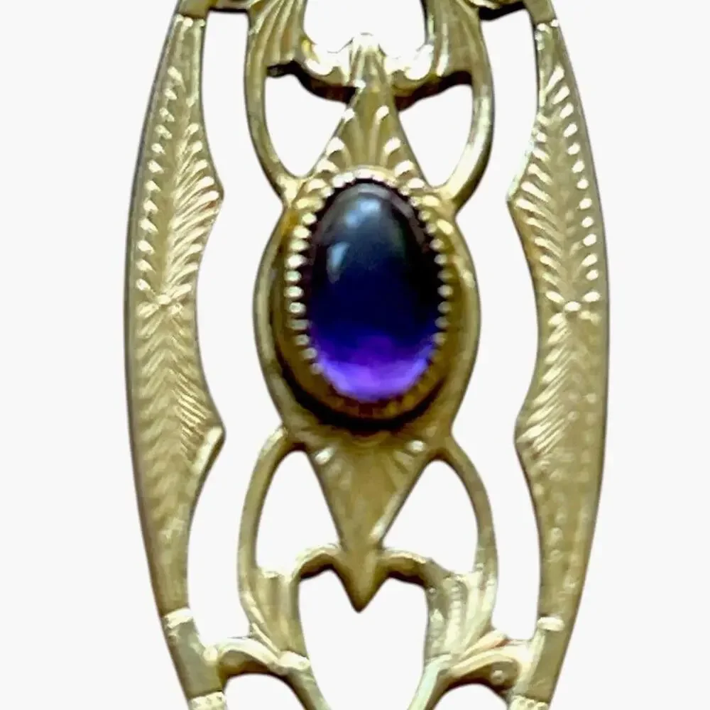 Antique Art Deco 14K 1/20 GF Ornate Mini Bar Brooch Pin+ Paste Amethyst 1.5x.5 - Picture 6 of 9